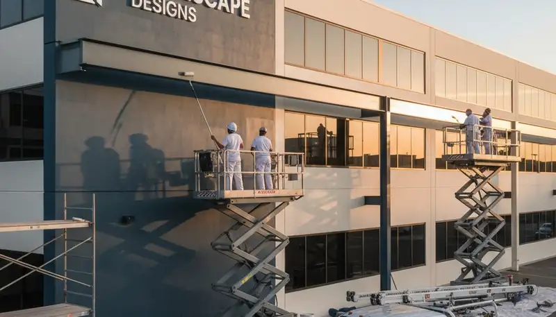 Professional commercial painters working on an office exterior in Memphis, TN