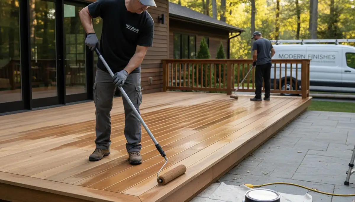 Professional deck staining by house painters in Memphis, TN protecting wood from weather damage