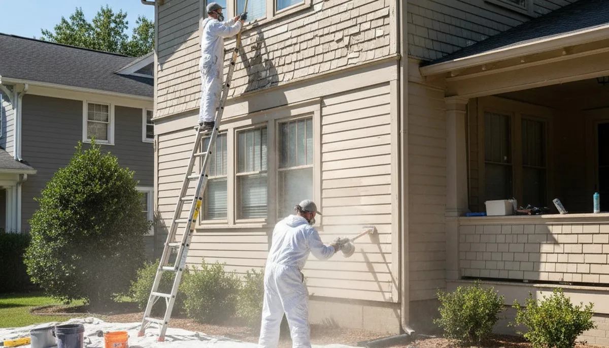 Professional house painters prepping exterior surface for painting in Memphis, TN
