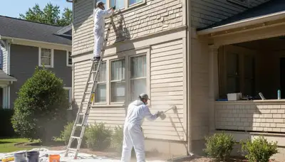 Professional house painters prepping exterior surface for painting in Memphis, TN